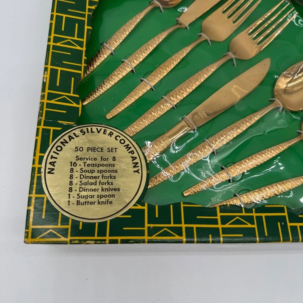 Vintage National Silver Co 23K Gold Electroplate Flatware Set 50 Pc Service 8